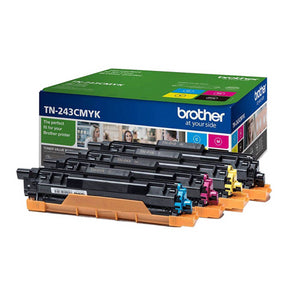 Genuine Brother TN-243CMYK Toner Value Pack. Includes cyan magenta yellow and black toner cartridge. Each cartridge prints up to 1000 pages.