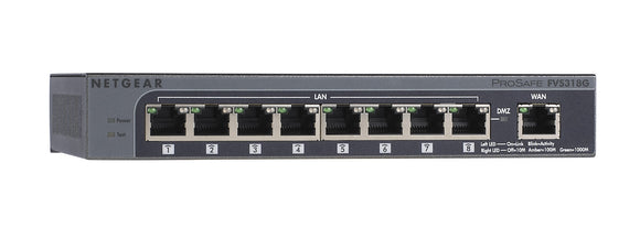 Netgear ProSafe 8-Port Gigabit VPN Firewall 9 Port - 10/100/1000Base-T Gigabit Ethernet - DES, 3DES, RSA, AES (256-bit), SHA-1, MD5 - 9 x RJ-45 - Manageable - AC Adapter - Desktop